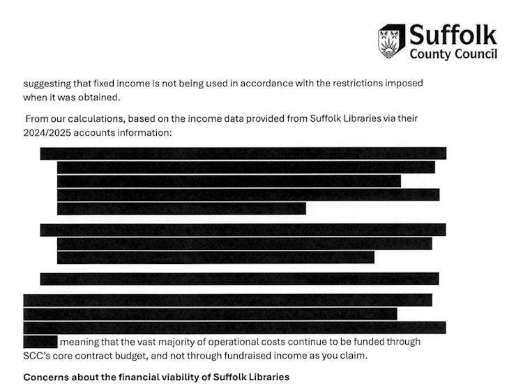 Much of the information in Suffolk County Council's cabinet paper was redacted, which the council says was at Suffolk Library's request
